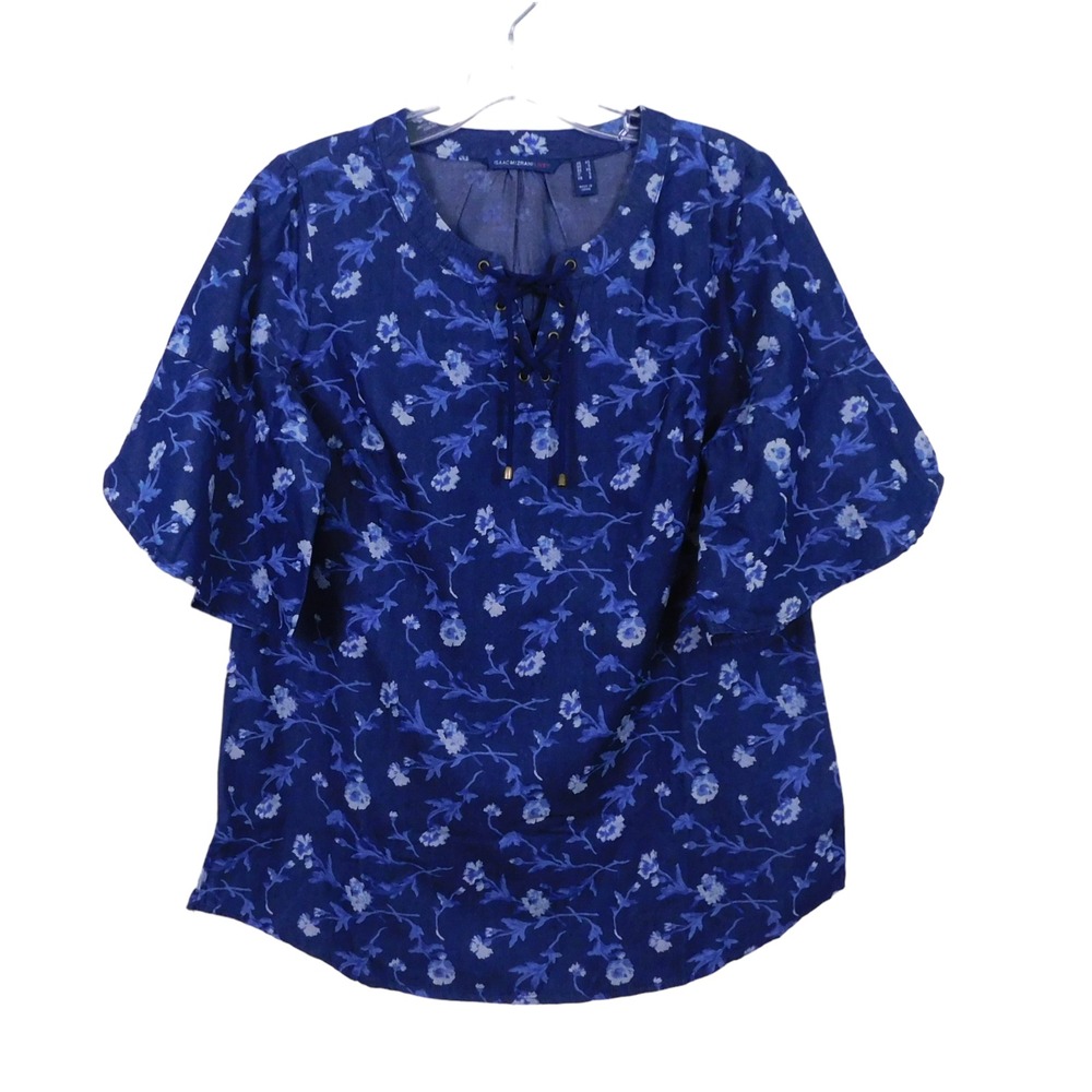 Isaac Mizrahi Live! True Denim Flora; Print Lace-up Blouse, Dark Blue, Size X-S